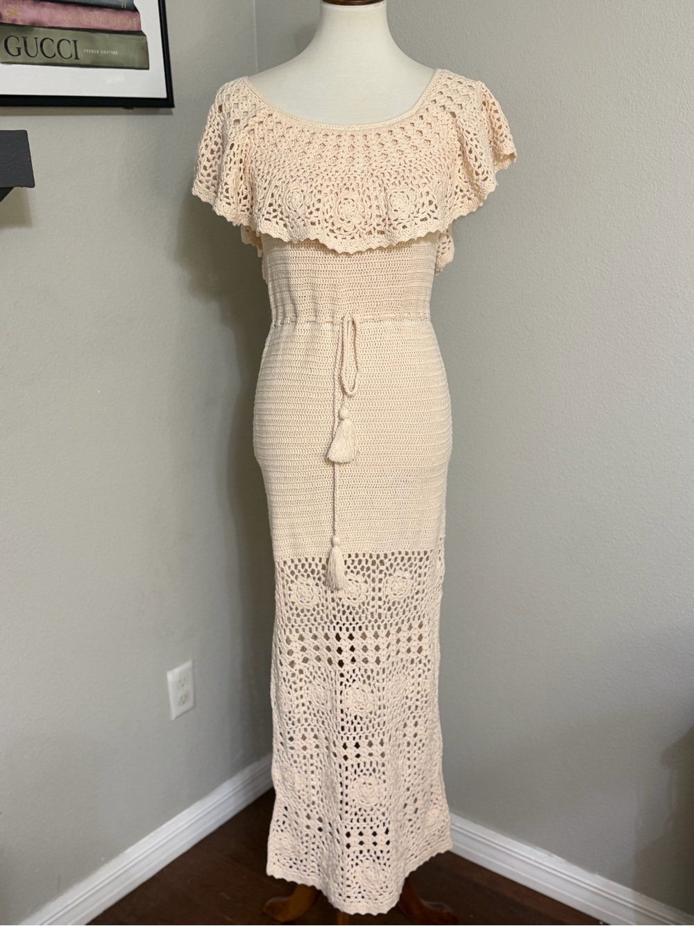 Spell Iluka Crochet Organic Cotton Maxi Dress Blush Pink Off Shoulder Boho Small - Picture 5 of 17